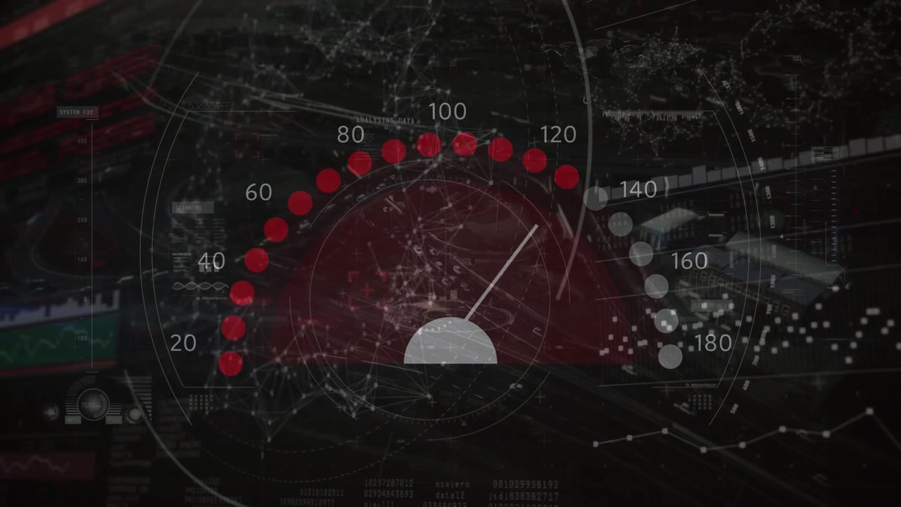 Animation of scope scanning and network of connections over cityscape