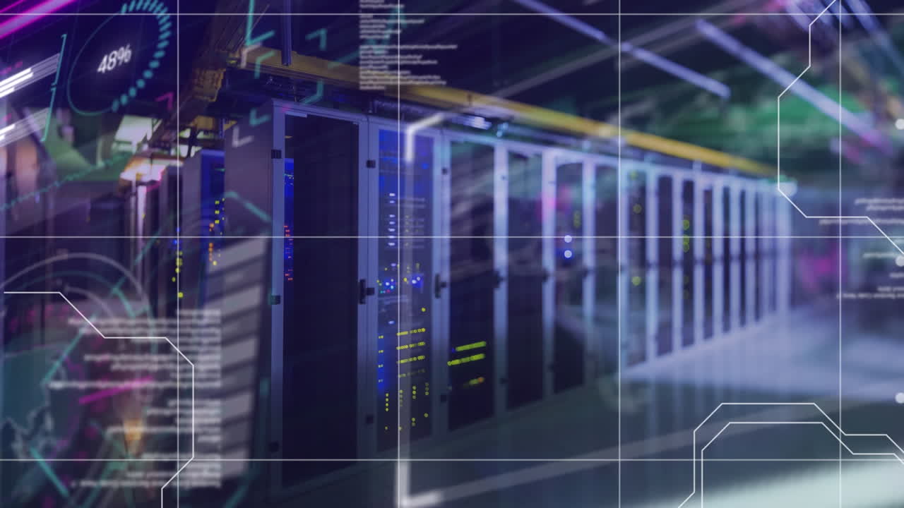 Animation of data processing and diagrams over server room