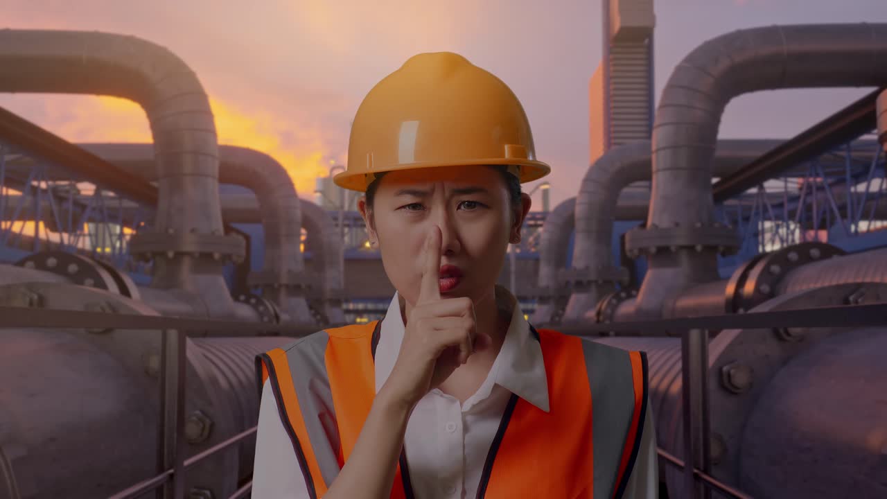 Primo piano di un'ingegnera asiatica con casco di sicurezza che fa un gesto "shhh" mentre è in piedi, rete di condotte industriali al tramonto.