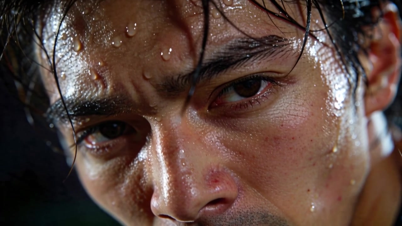 Blinking adult Asian man enduring heavy sweating after intense exertion at ring, showing abrasion