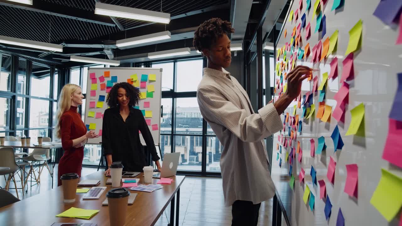 Wide-angle shot of a modern office brainstorming session, featuring diverse team members engaging