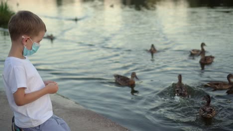 a boy in a medical mask feeds ducks on a lake 02