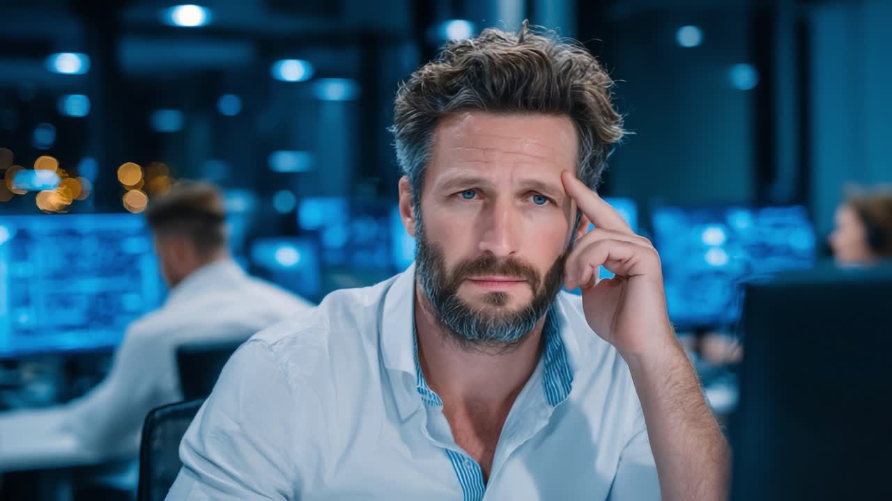 A Thoughtful Man in an Office Setting Analyzing Difficult Challenges Amidst a Busy Work Environment with Multiple Screens Displaying Data and Information