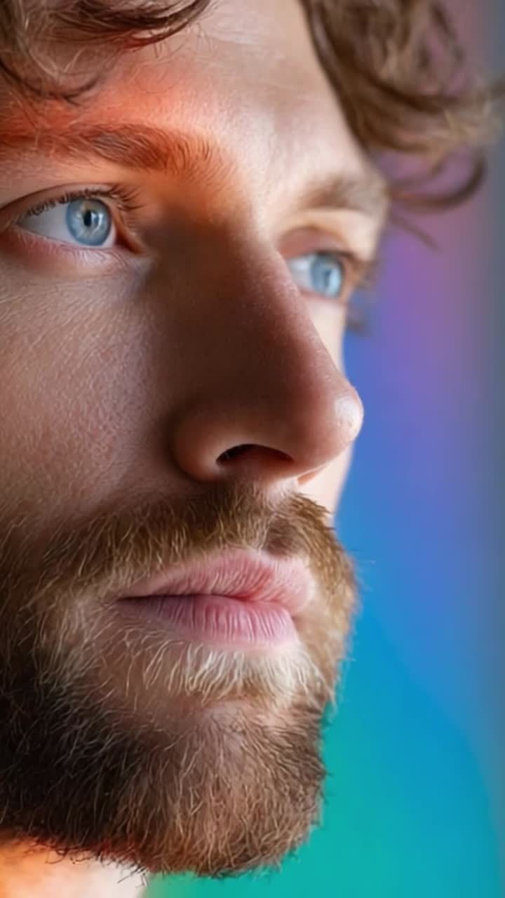 A Thoughtful Portrait: Capturing the Intensity and Depth of Expression in a Close-Up Shot of a Young Man with Striking Blue Eyes and Distinctive Facial Features