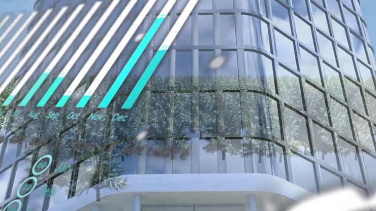 Animazione di grafici su edifici per uffici