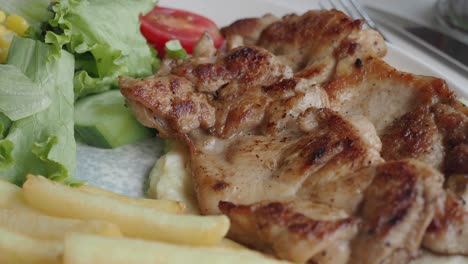 pollo a la parrilla con puré de patatas, ensalada y papas fritas