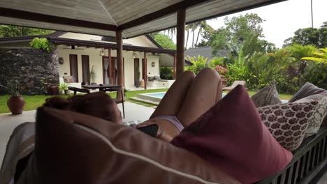 woman relaxing in swimsuit private resort villa holiday sri lanka airbnb