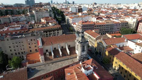 Aerial-View-Approaching-of-a-Church-and-an-Avenue-in-Madrid-on-a-Sunny-Day