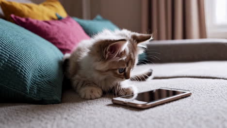 cute kitten playing on a couch with a phone