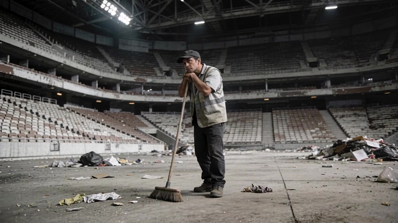 Sweeping man wearing safety vest and cap, prompted by debris, clearing arena floor with broom