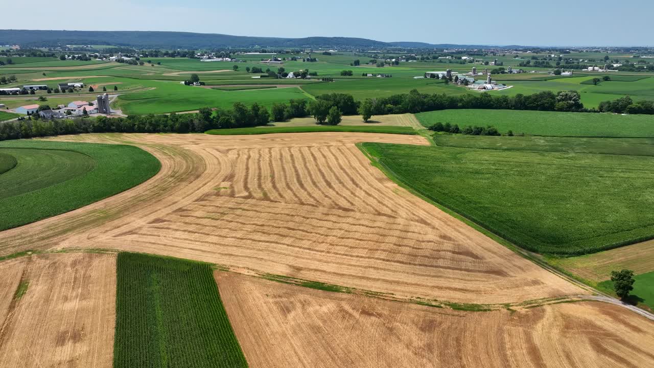 Et luftfoto over det frodige grønne jordbrukslandet i sørlige Lancaster County, Pennsylvania på en solrik sommerdag