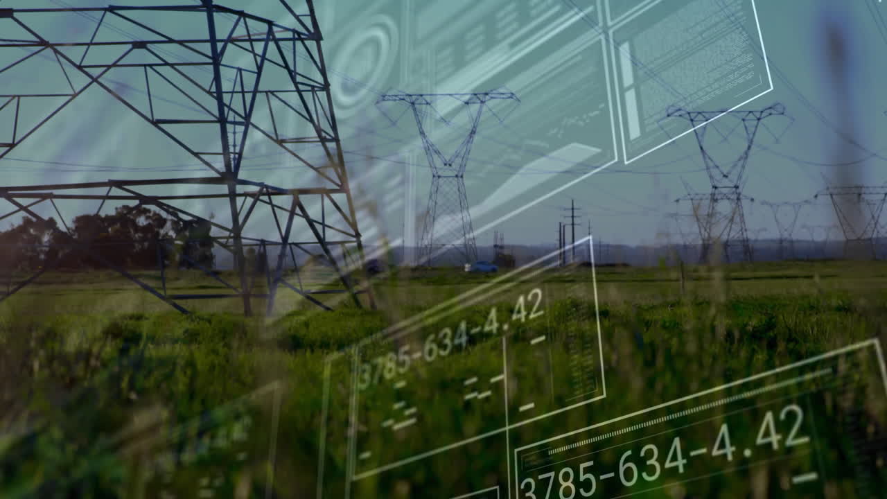 Electricity towers dominating rural field scene, showing HUD panels and numeric readouts