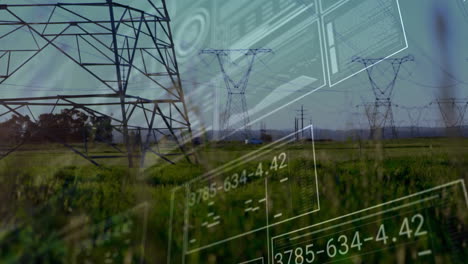 electricity towers dominating rural field scene, showing hud panels and numeric readouts