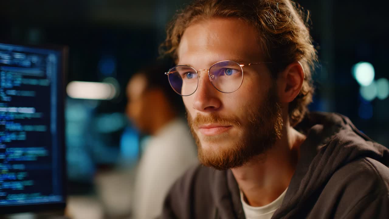Thoughtful Programmer Deep in Code Analysis, Engaged in Complex Problem Solving, With Multiple Monitors Displaying Lines of Code in a Darkened Workspace
