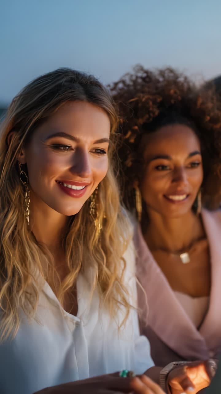 Two close friends sharing a joyful moment, illuminated by soft lights, enjoying each other's company while engaging in meaningful conversation during an evening out