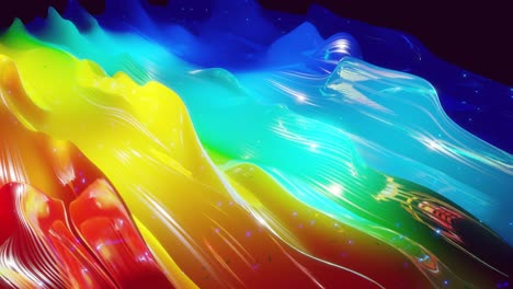 superficie 3d abstracta con hermosas olas, chispas luminosas y gradiente de colores brillantes, colores del arco iris. las olas corren en una superficie muy brillante y brillante con brillo brillante. animación en bucle 4k