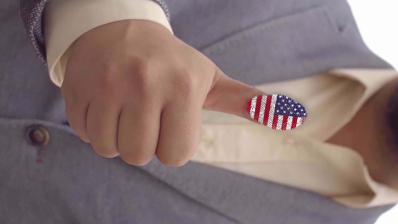 Businessman showing thumb up with american flag on finger - vfx visual effect symbol - vertical portrait