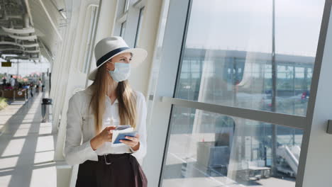 woman at airport waiting for flight with mask and passport