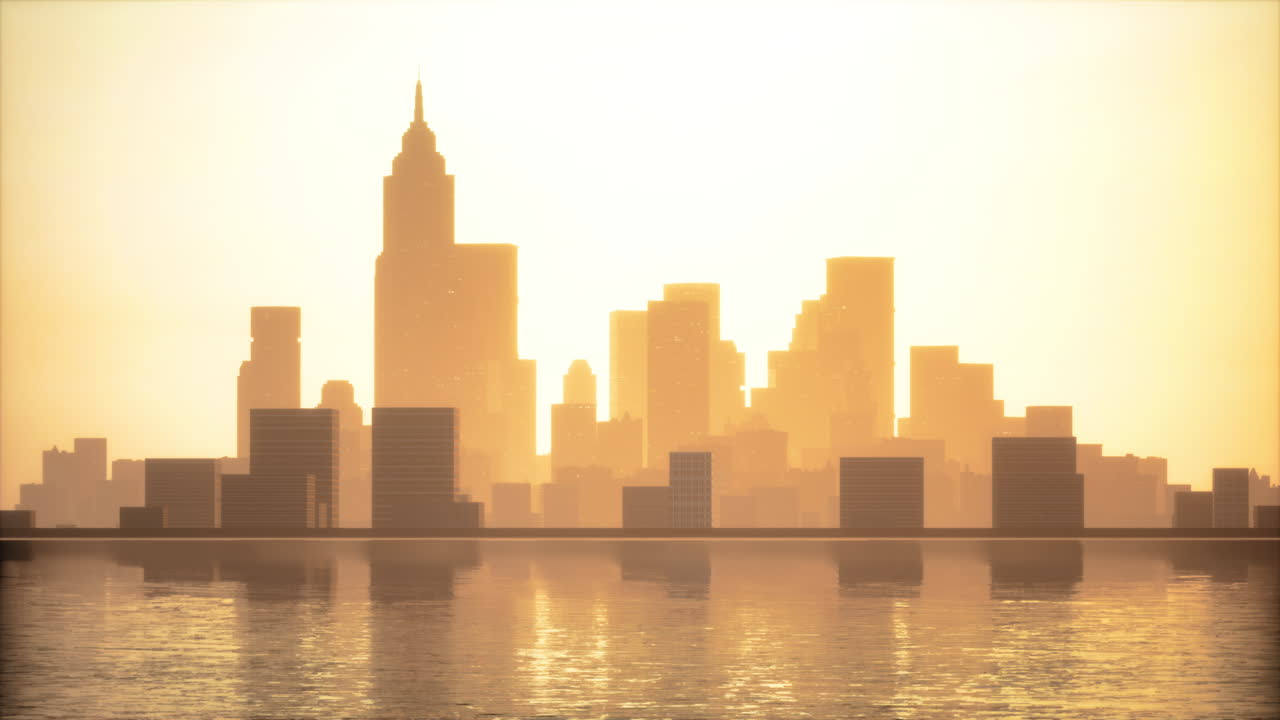 황금색 도시 스카이라인 위의 해가 뜨는 것