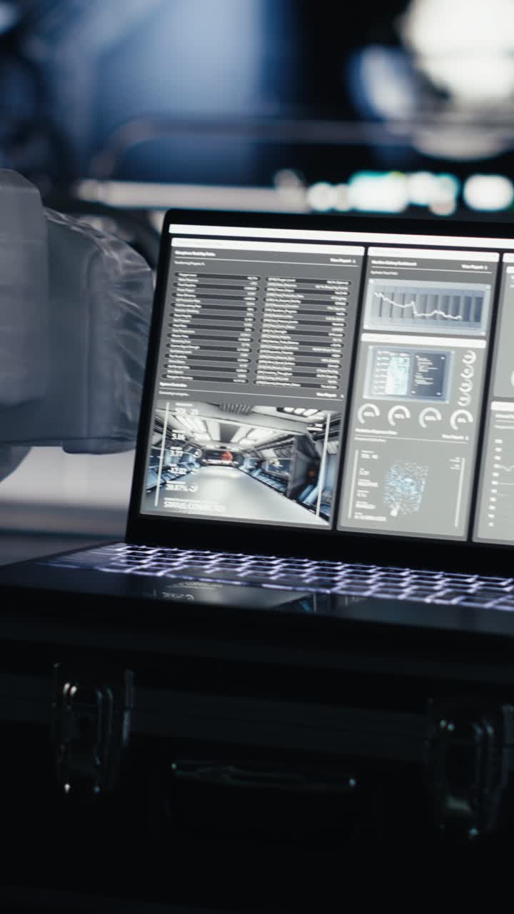 Vertical video Astronaut attempts to fix damaged suit after light error inside spacecraft