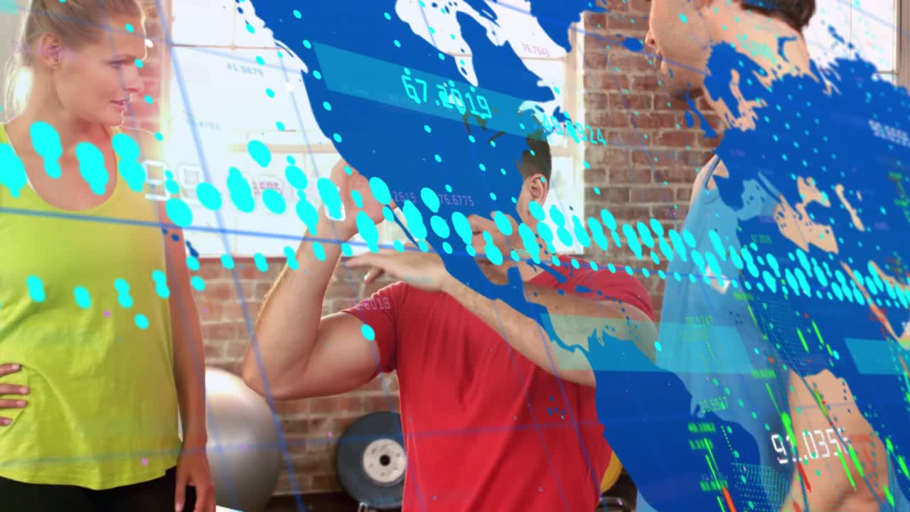 Seated man raising arms in fitness gym as animated HUD overlay sweeping frame, woman guiding form