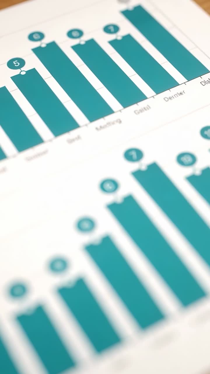 Kamera vipper og fokuserer, afslører øverste række af turkis søjlediagrammer på rapport for marketingmedarbejdere