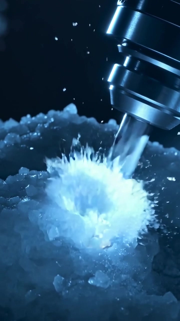 Video verticale: Fresa rotante che colpisce un cumulo di ghiaccio, espellendo schegge e scavando una cavità in uno studio buio.