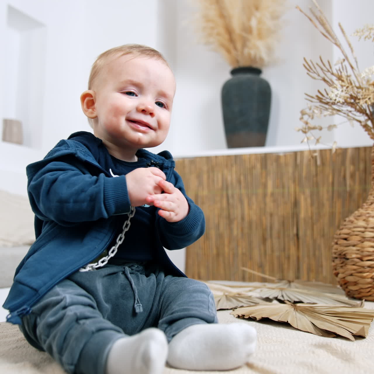 Adorable Caucasian baby boy in hoody sits holding a bracelet with beads. Lovely child portrait at home