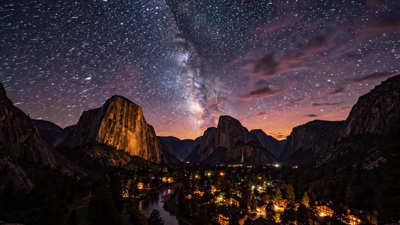 Transición de día a noche en el Valle de Yosemite con atardecer y Vía Láctea.