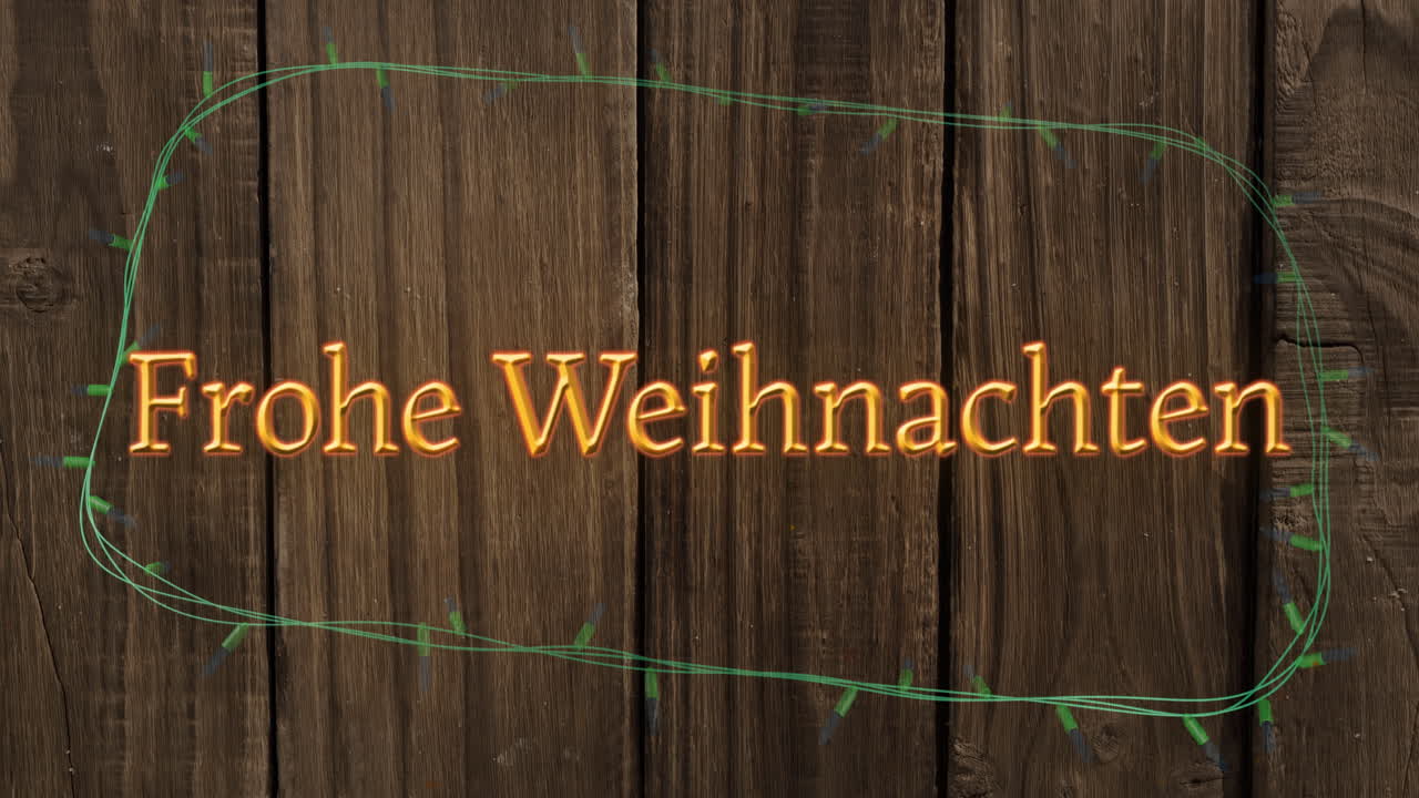 Animation des Textes „Frohe Weihnachten“ und Lichterketten auf Holzgrund