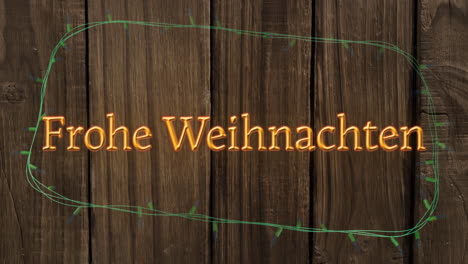 animation of frohe weihnachten text and fairy lights on wooden background