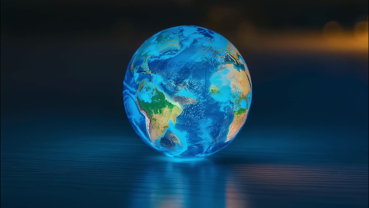 Planet earth rotating in space with glowing continents and oceans, creating a mesmerizing view of our world against a dark backdrop with a subtle orange glow