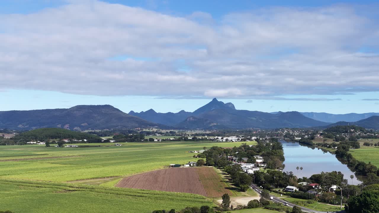 Aerial footage captures expansive green fields, a winding river, and distant mountains under a partly cloudy sky