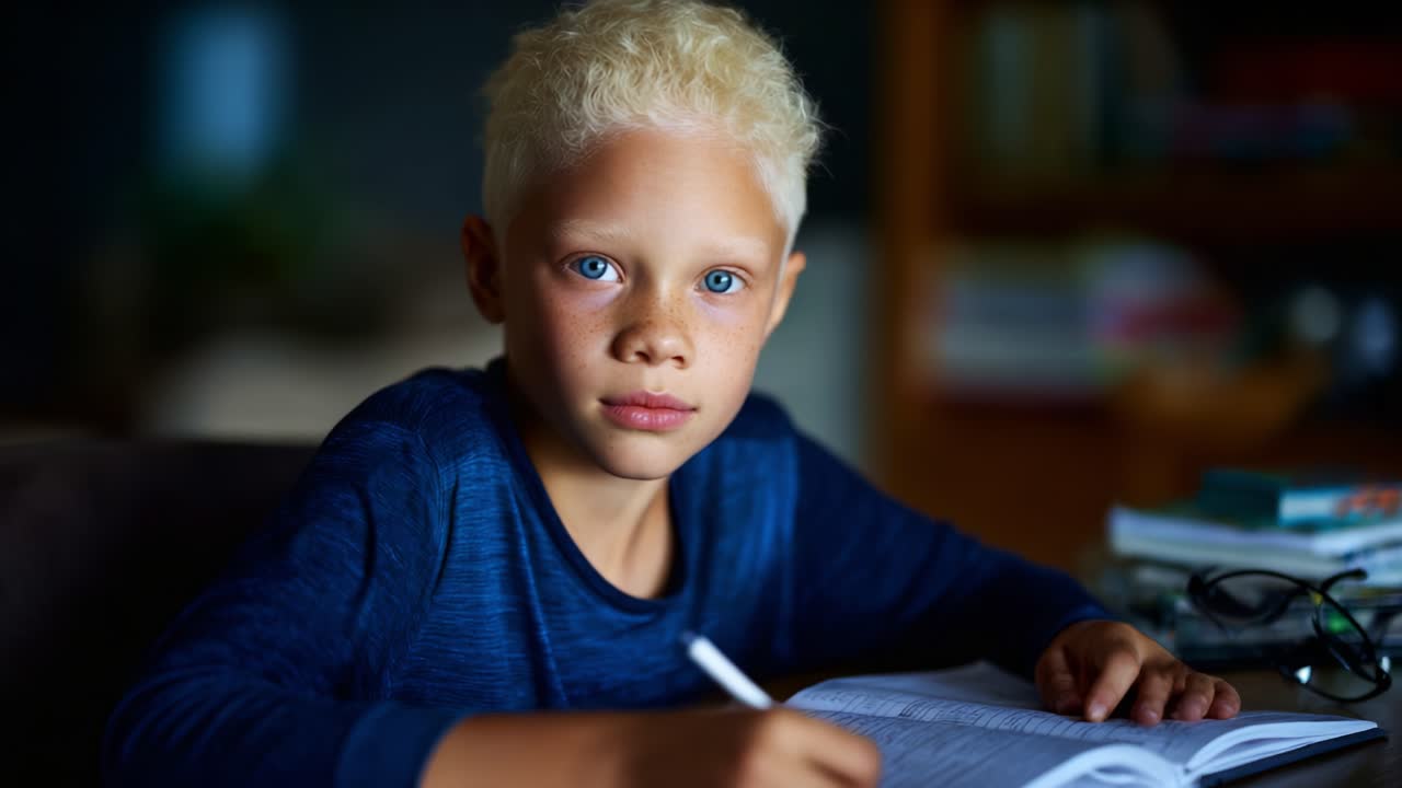 Un giovane ragazzo concentrato con capelli biondi e occhi azzurri impegnato a scrivere nel suo quaderno, che mostra concentrazione e studio intenzionale in un ambiente accogliente