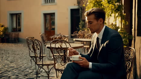 elegant man enjoying coffee at an outdoor european cafe