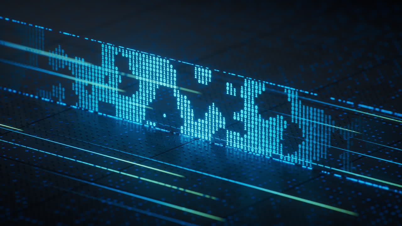 Technology circuit board with glowing binary data, 3d rendering