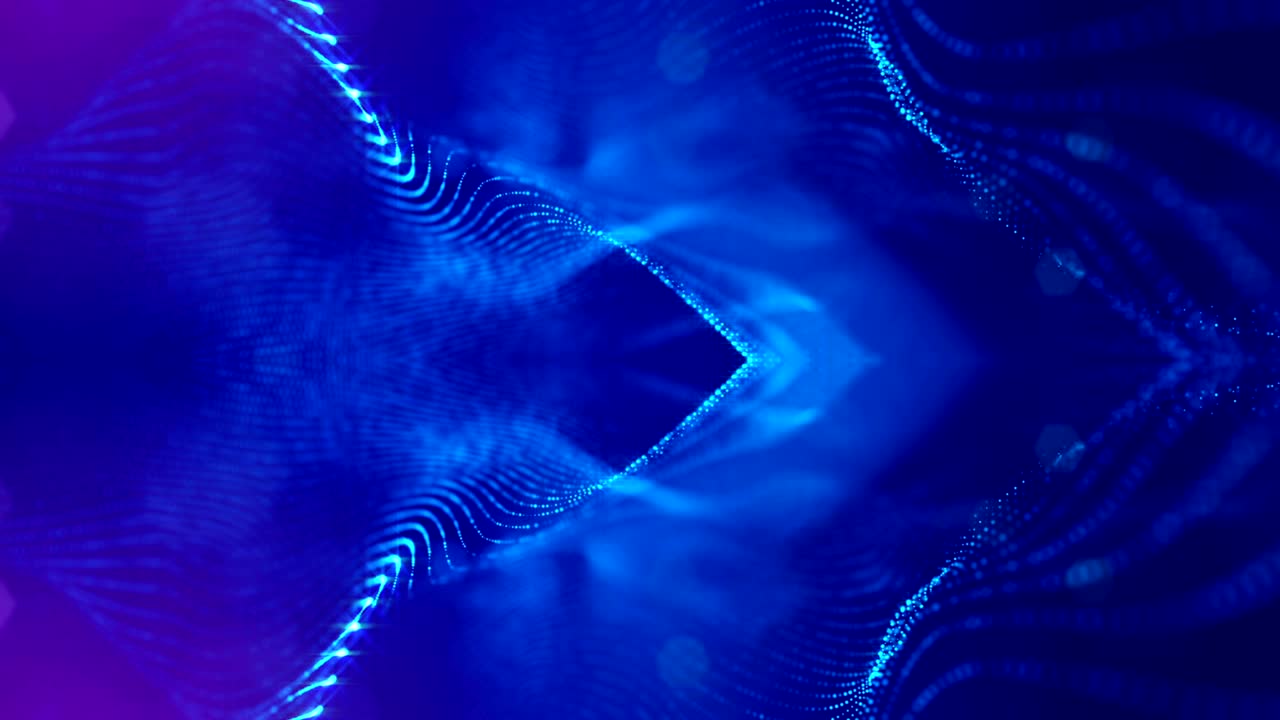 las partículas forman una línea, una cuadrícula de superficie o un misterioso espacio virtual. animación 3d sin costuras como fondo de ciencia ficción digital de partículas brillantes con profundidad de campo, bokeh. cuerdas azules 7
