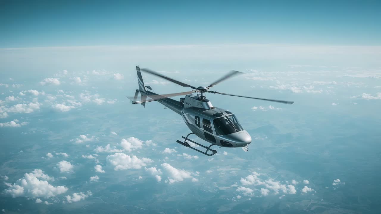 Flying silver-gray helicopter cruising above cumulus clouds for transit, rotors spinning
