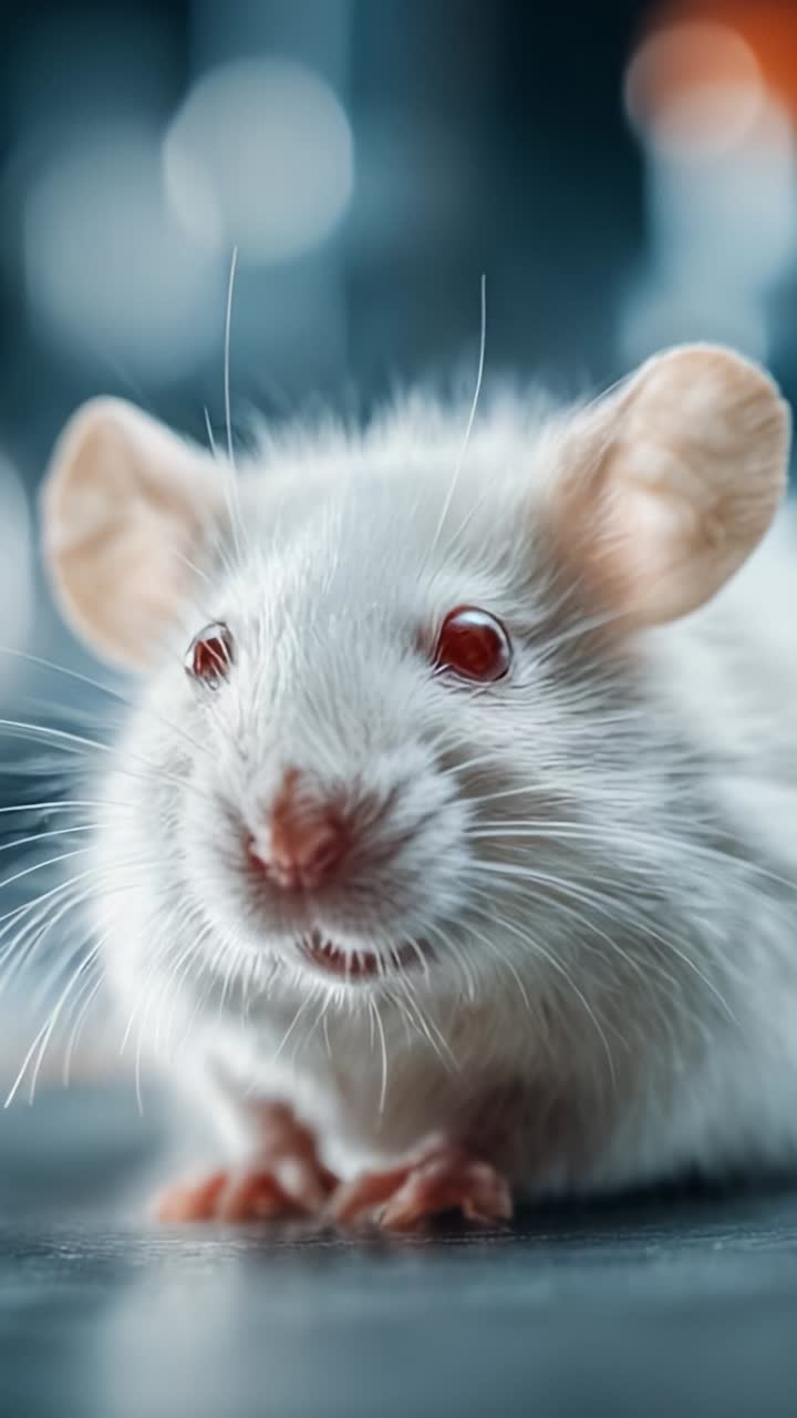 Un primo piano su un ratto bianco curioso che esplora l’ambiente circostante con occhi vivaci, catturando l’essenza delle piccole creature in un ambiente con sfondo sfocato
