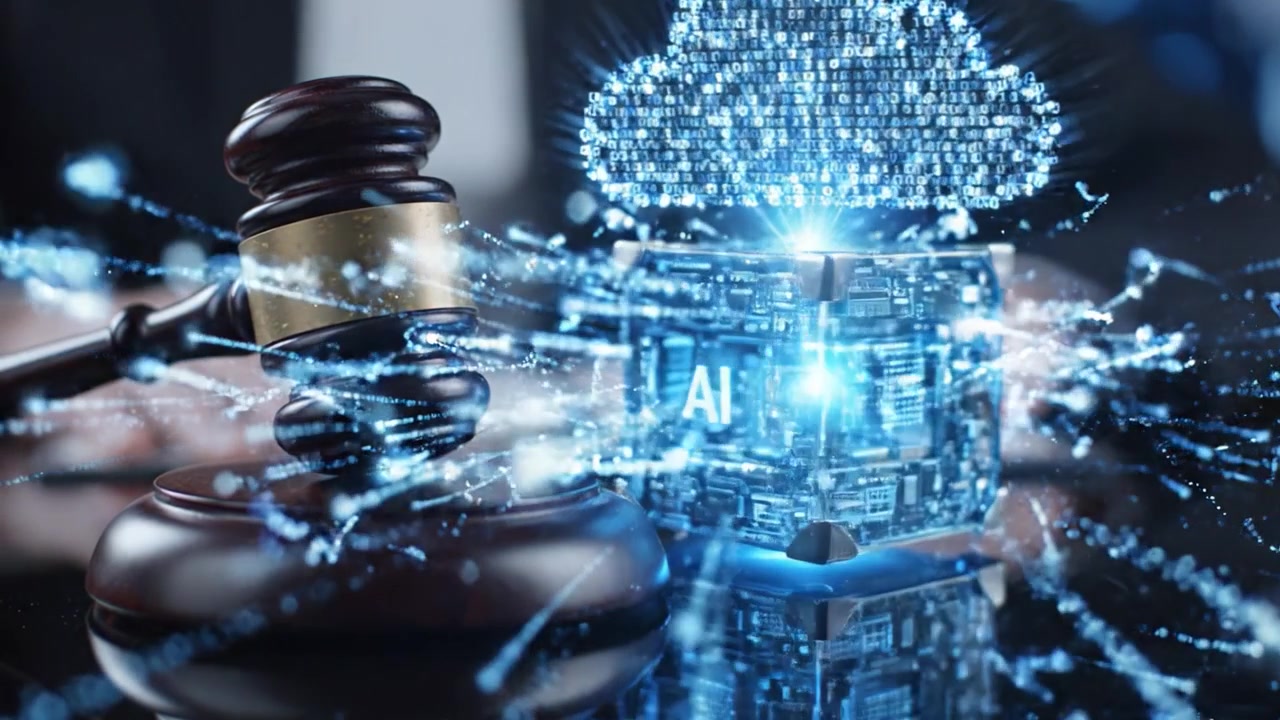 The Intersection of Law and Technology: A Gavel and AI Cube Representing the Future of Justice in a Digitally Driven World
