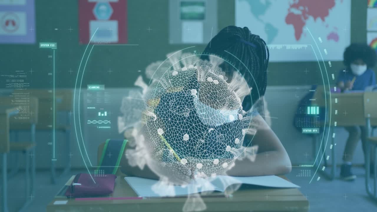 학교에서 마스크를 쓰고 공부하는 여학생을 대상으로 코로나19 세포를 스캔하는 스 ⁇