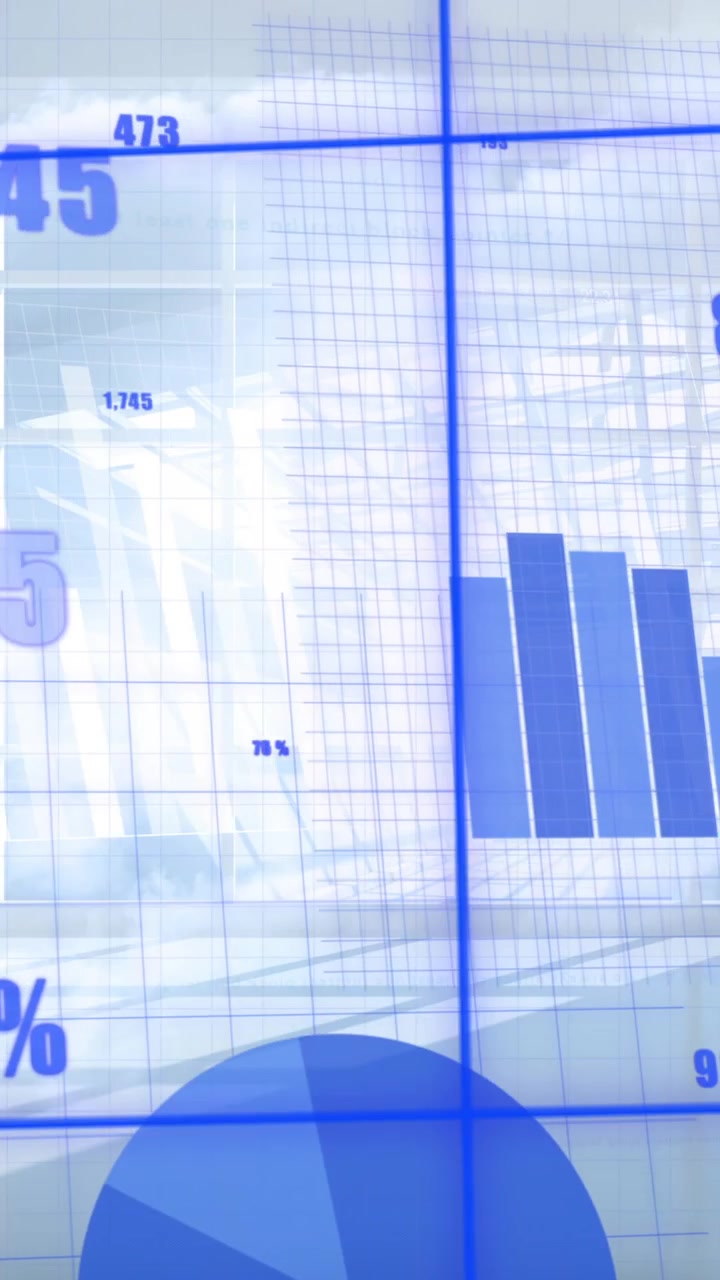 Animation af blå diagrammer og databehandling over solrigt rum og overskyet himmel