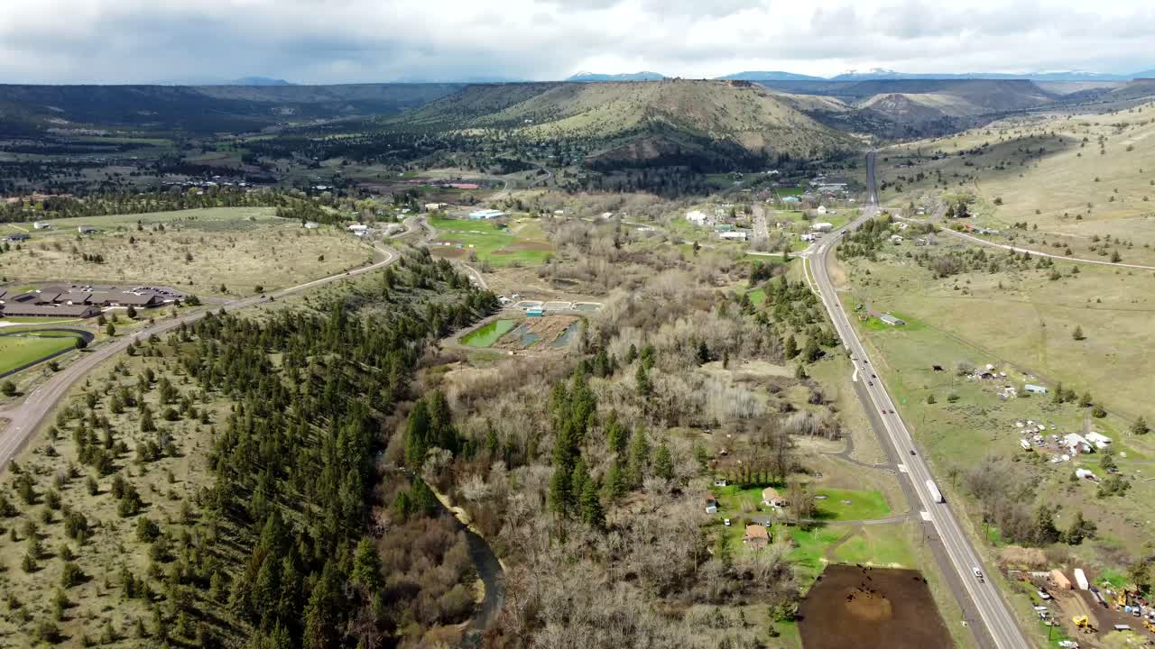 US, Oregon, Warm Springs, , 2025-04-07 - Drone view of the city of Warm Springs on the Confederated Tribes of Warm Springs in central Oregon in spring