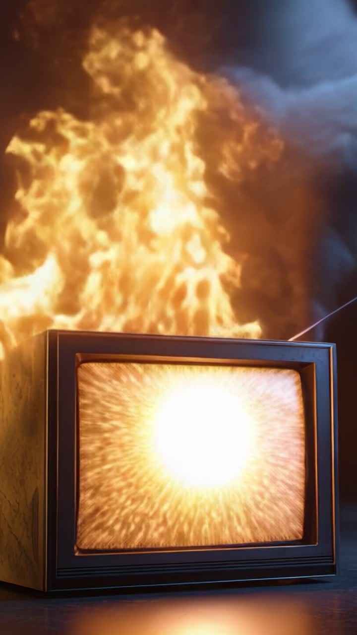 Ein Retro-Fernseher, der in Flammen und Rauch steht, strahlt lebendige Funken und Licht aus und symbolisiert Chaos und Zerstörung in einer einzigartigen, surrealen Szene.