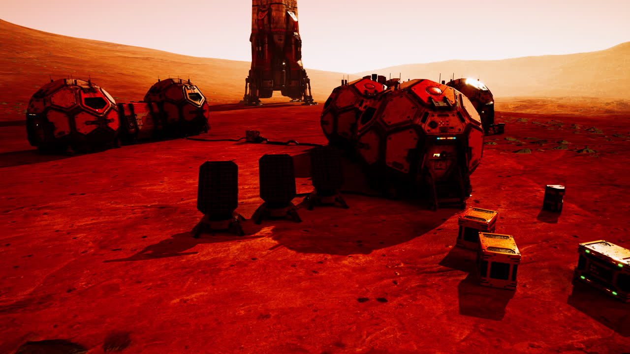 Martian base featuring habitat modules and landing equipment at sunset