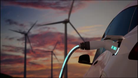 environmentally friendly electric car charging on the background of wind turbines. evening sunset view of ev station with port plugged in car. realistic 3d rendering of alternative energy concept