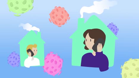 animación de personas que se quedan en casa con células de macro coronavirus covid-19 flotando en un fondo azul