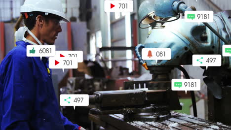 animation of social media data processing over caucasian male worker in factory