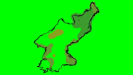 북한이 녹색 스크린에 색의 지도를 그려놓고 고립된 화이트보드