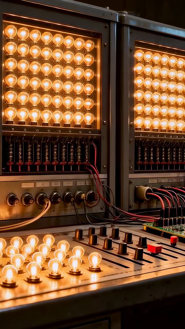 Video verticale: angolazione della camera con carrellata che svela una console vintage in una sala apparecchiature con scaffali per lampadine e cavi